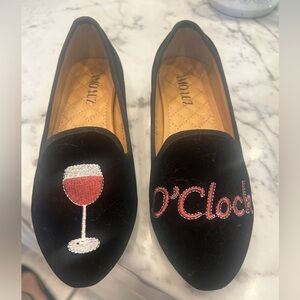 Black Embroidered Wine O’Clock Women's Loafers